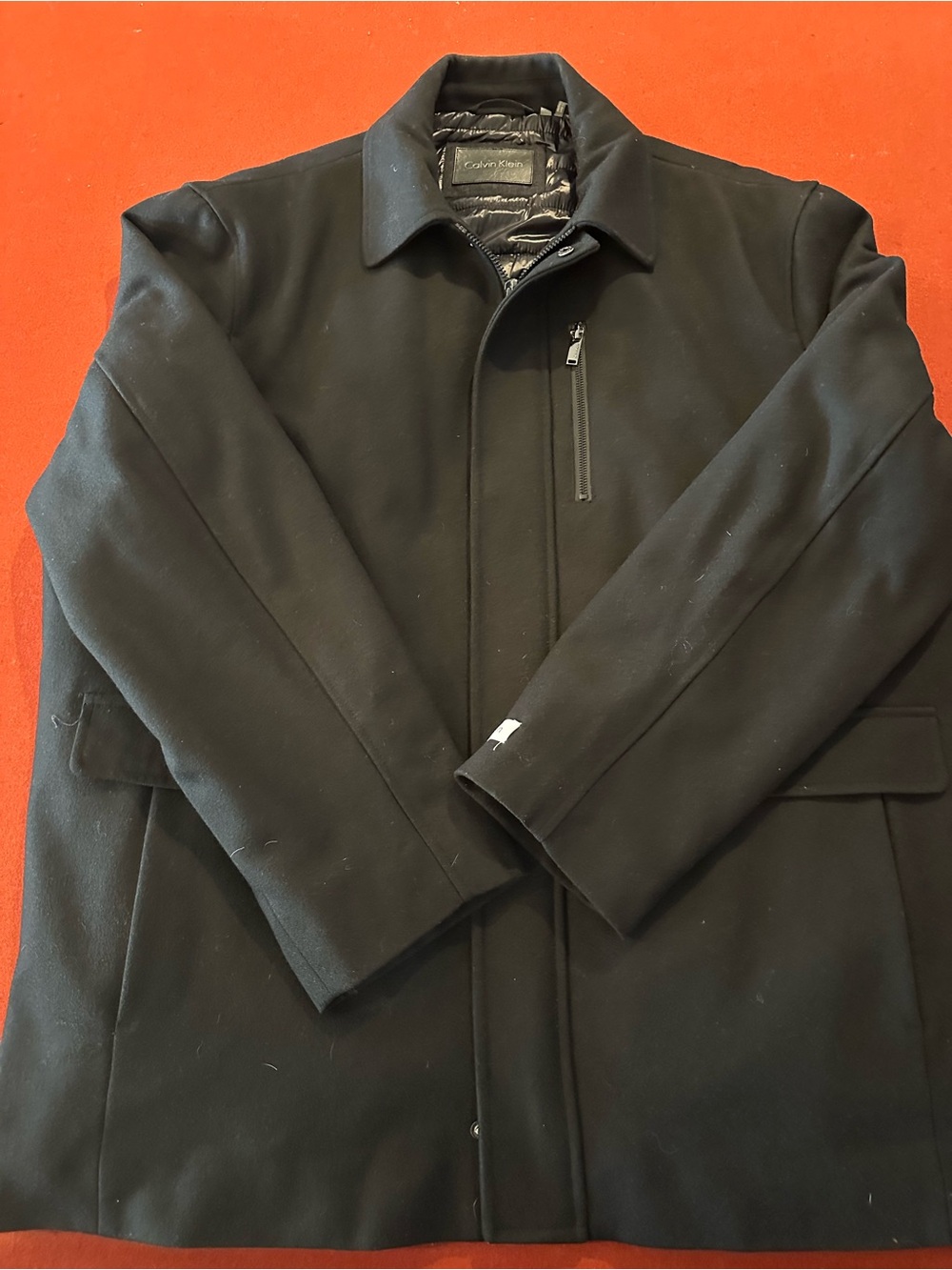 Calvin Klein Black Men's Wool-Blend Pea Coat with Zip Chest Pocket